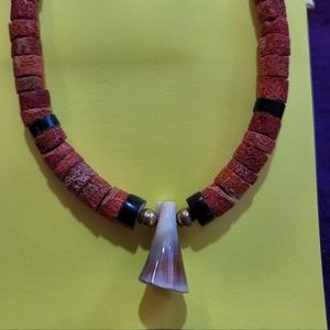 Red Beaded Necklace with Shell Pendant
